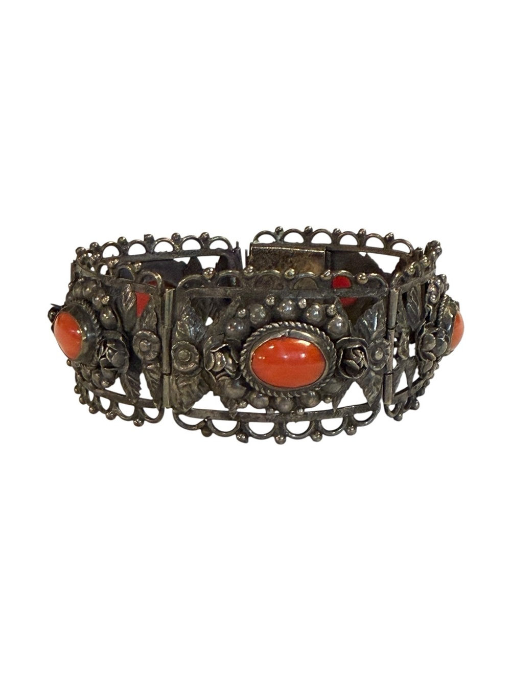 Vintage 1930's Etruscan Revival Franconeri Red Coral 800 Silver Hinged Bracelet - Picture 4 of 10